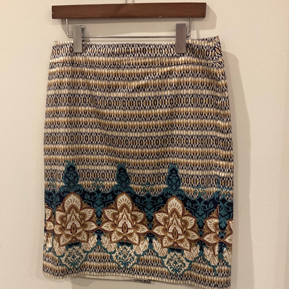 Ann Taylor Blue/Brown Geometric Flower Cotton Blend Lined Skirt size 6